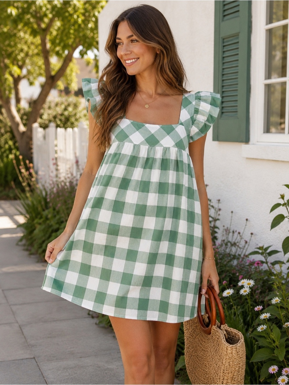 Entro Green Gingham Mini Dress Women’s Small Flutter Sleeve Cottagecore